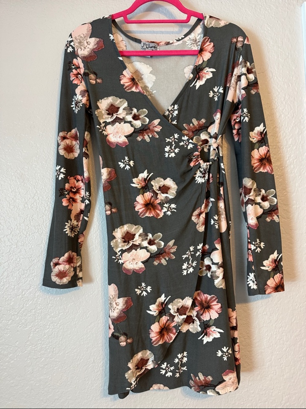 J for Justify Charcoal Floral Wrap Dress with Pink and Cream Blooms